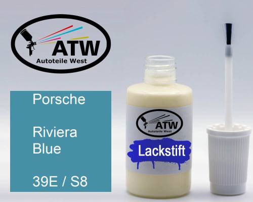Porsche, Riviera Blue, 39E / S8: 20ml Lackstift, von ATW Autoteile West.